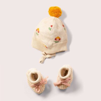 Kids 0-8 Years Little Green Radicals  | Flower Knitted Hat & Baby Booties Set